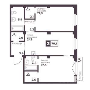 2-к квартира, строящийся дом, 78м2, 6/18 этаж