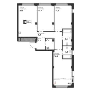 3-к квартира, строящийся дом, 95м2, 14/18 этаж