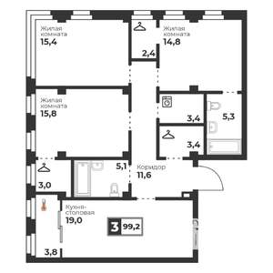 3-к квартира, строящийся дом, 99м2, 2/18 этаж